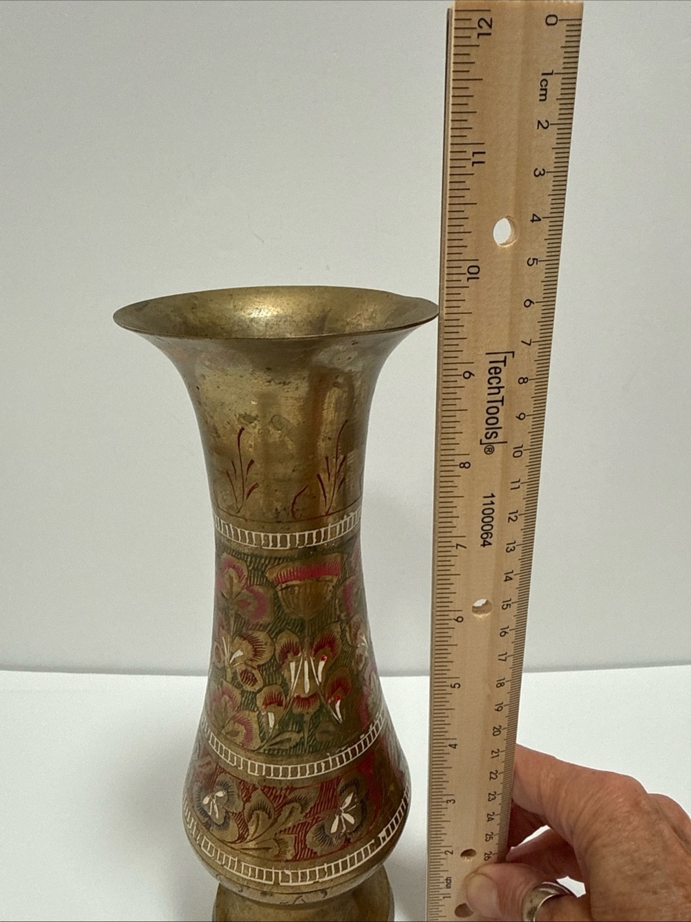 Solid Brass Decorative Vase with Red Accents hand etched from Saudi Arabia - Picture 10 of 11